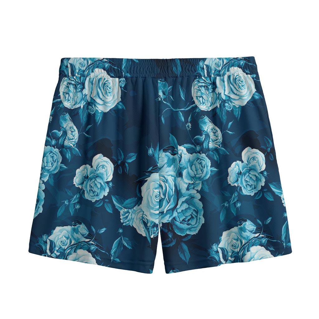 Blue Rose Floral Flower Pattern Print Mesh Shorts