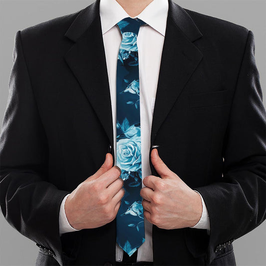 Blue Rose Floral Flower Pattern Print Necktie