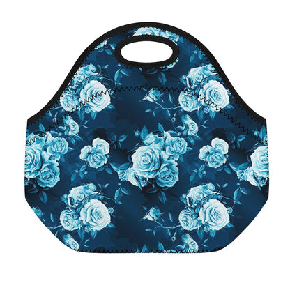 Blue Rose Floral Flower Pattern Print Neoprene Lunch Bag
