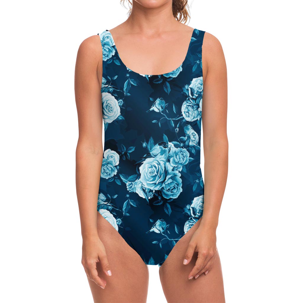 Blue Rose Floral Flower Pattern Print One Piece Swimsuit