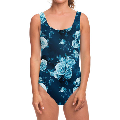 Blue Rose Floral Flower Pattern Print One Piece Swimsuit