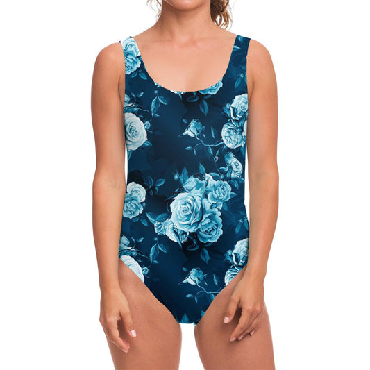 Blue Rose Floral Flower Pattern Print One Piece Swimsuit