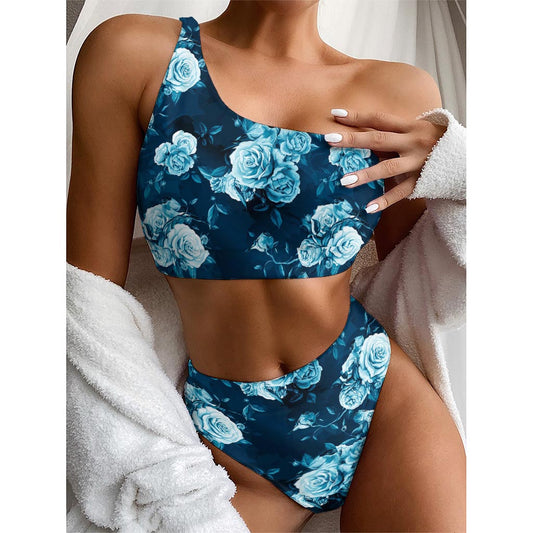 Blue Rose Floral Flower Pattern Print One Shoulder Bikini Top