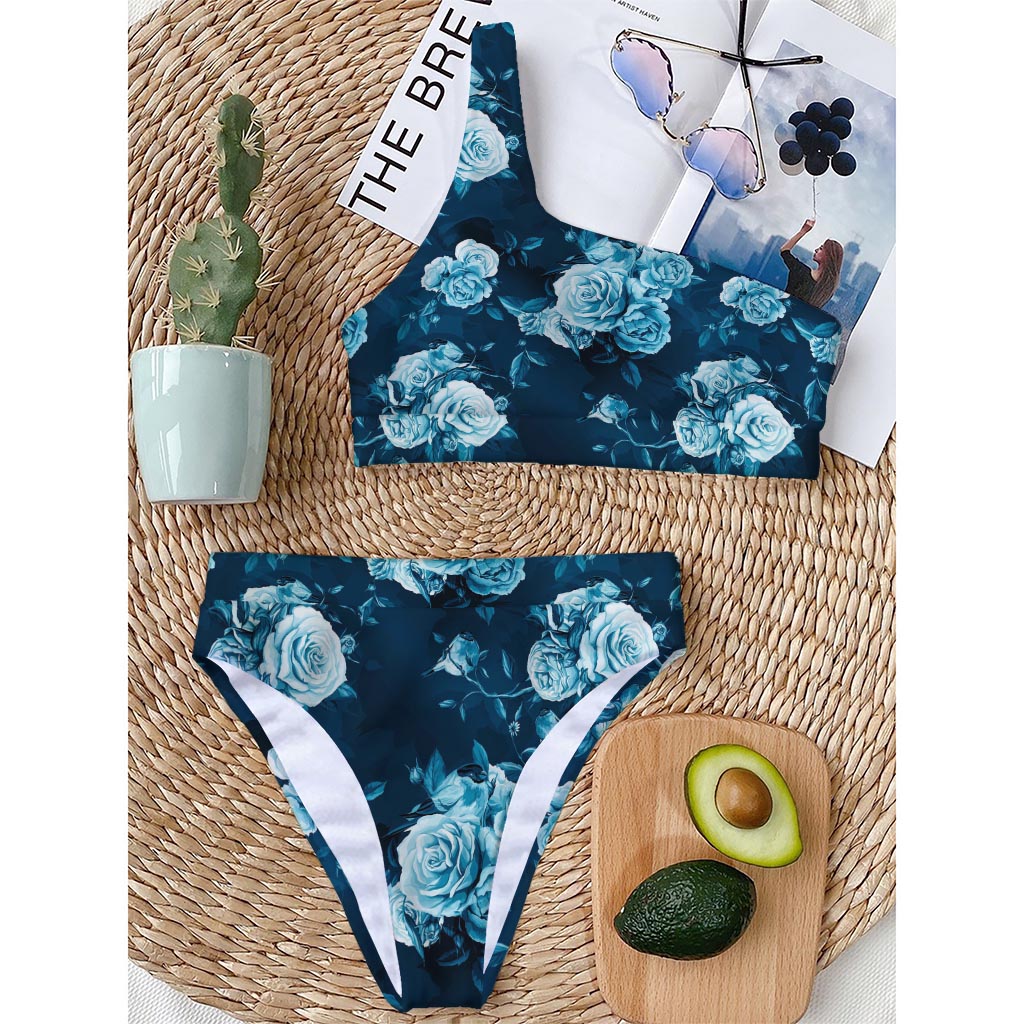 Blue Rose Floral Flower Pattern Print One Shoulder Bikini Top