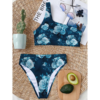 Blue Rose Floral Flower Pattern Print One Shoulder Bikini Top