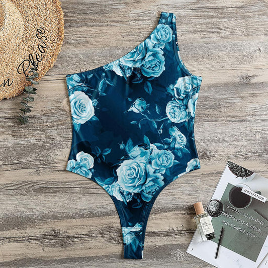 Blue Rose Floral Flower Pattern Print One Shoulder Bodysuit