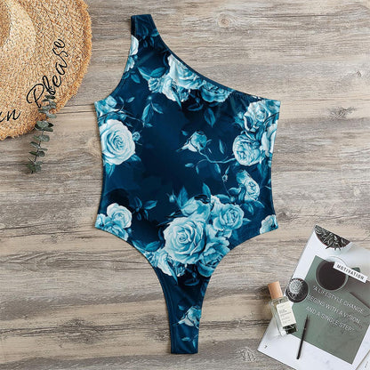 Blue Rose Floral Flower Pattern Print One Shoulder Bodysuit