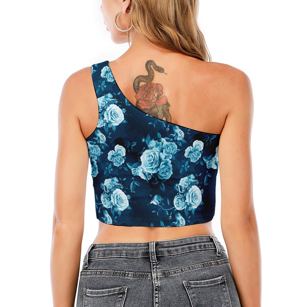 Blue Rose Floral Flower Pattern Print One Shoulder Crop Top