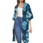 Blue Rose Floral Flower Pattern Print Open Front Beach Cover Up