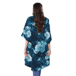 Blue Rose Floral Flower Pattern Print Open Front Beach Cover Up