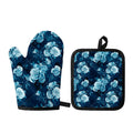 Blue Rose Floral Flower Pattern Print Oven Mitt And Pot Holder Set