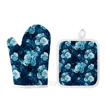 Blue Rose Floral Flower Pattern Print Oven Mitt And Pot Holder Set