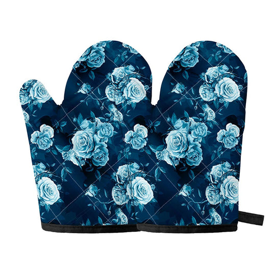 Blue Rose Floral Flower Pattern Print Oven Mitts