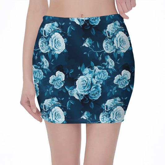 Blue Rose Floral Flower Pattern Print Pencil Mini Skirt