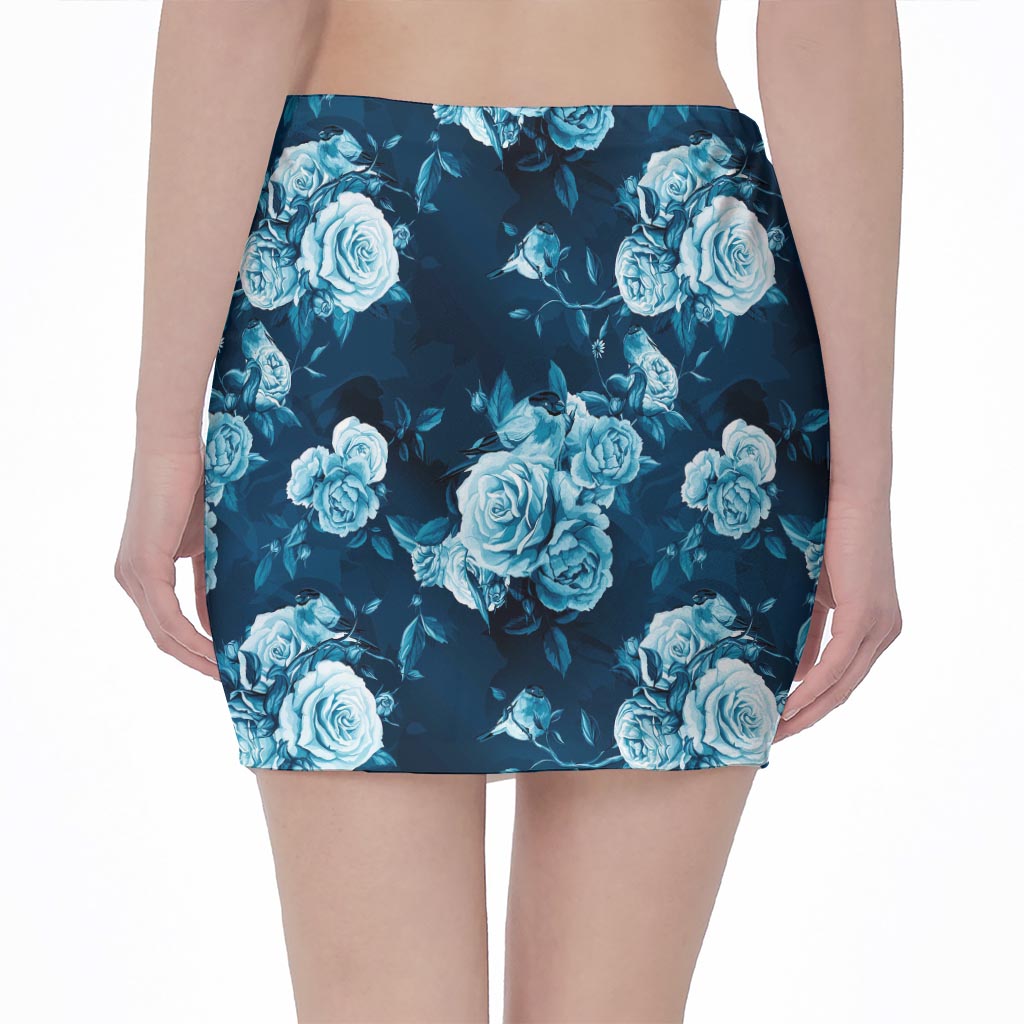 Blue Rose Floral Flower Pattern Print Pencil Mini Skirt