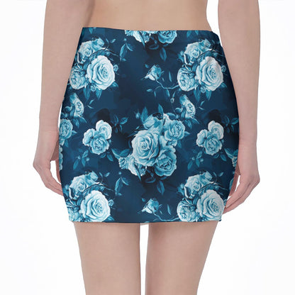 Blue Rose Floral Flower Pattern Print Pencil Mini Skirt