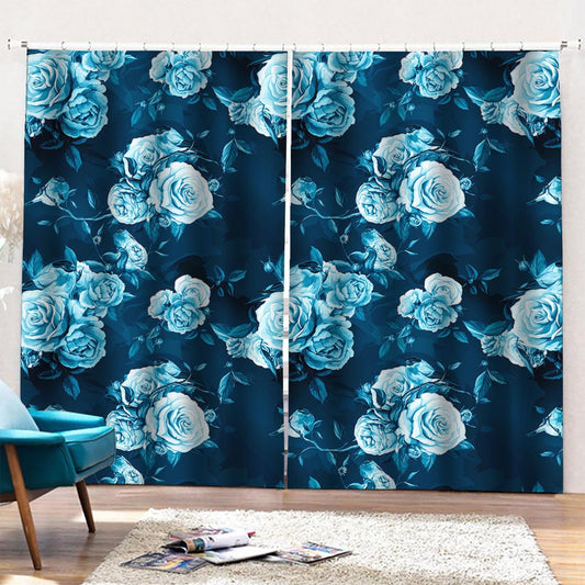 Blue Rose Floral Flower Pattern Print Pencil Pleat Curtains