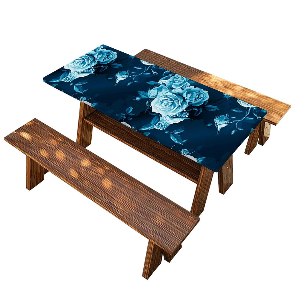 Blue Rose Floral Flower Pattern Print Picnic Table Cover