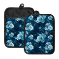 Blue Rose Floral Flower Pattern Print Pot Holders With Pocket