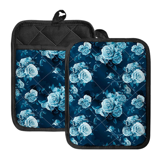 Blue Rose Floral Flower Pattern Print Pot Holders With Pocket