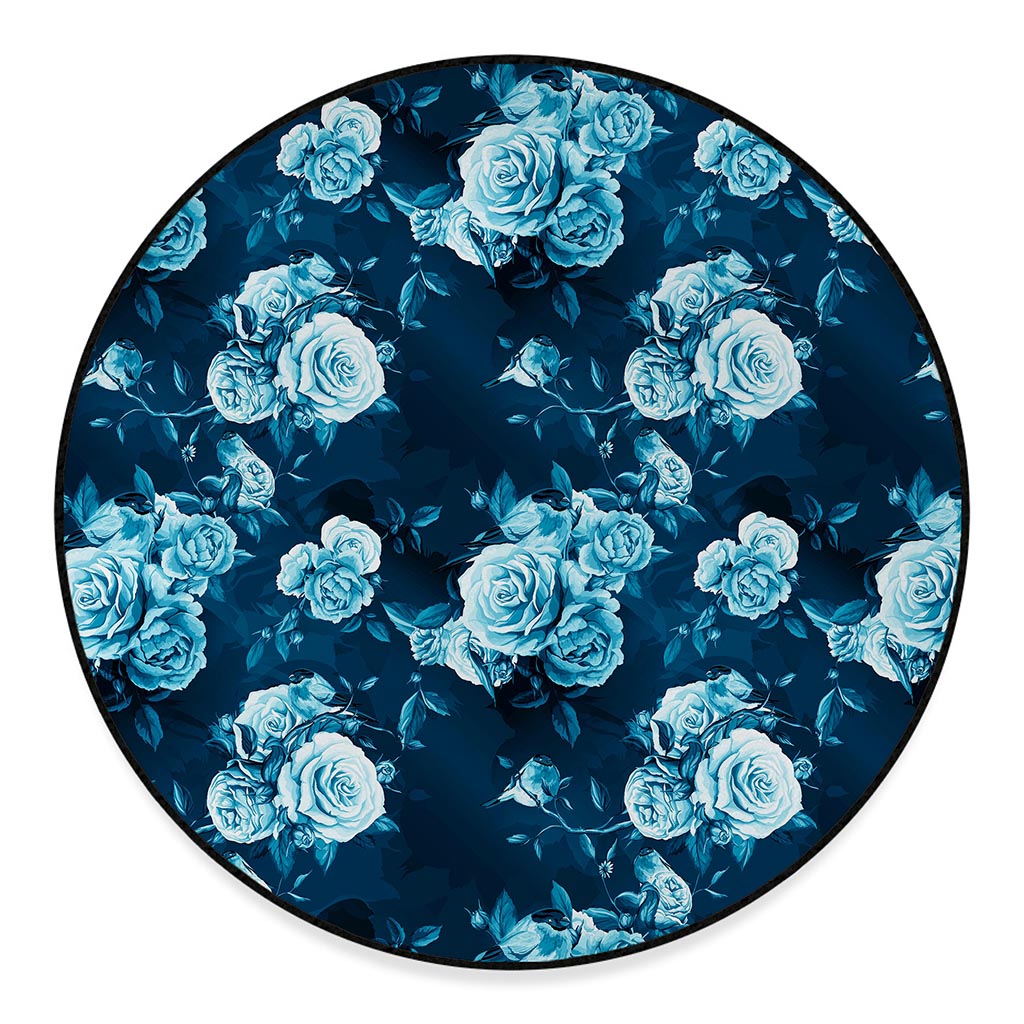 Blue Rose Floral Flower Pattern Print Round Floor Mat