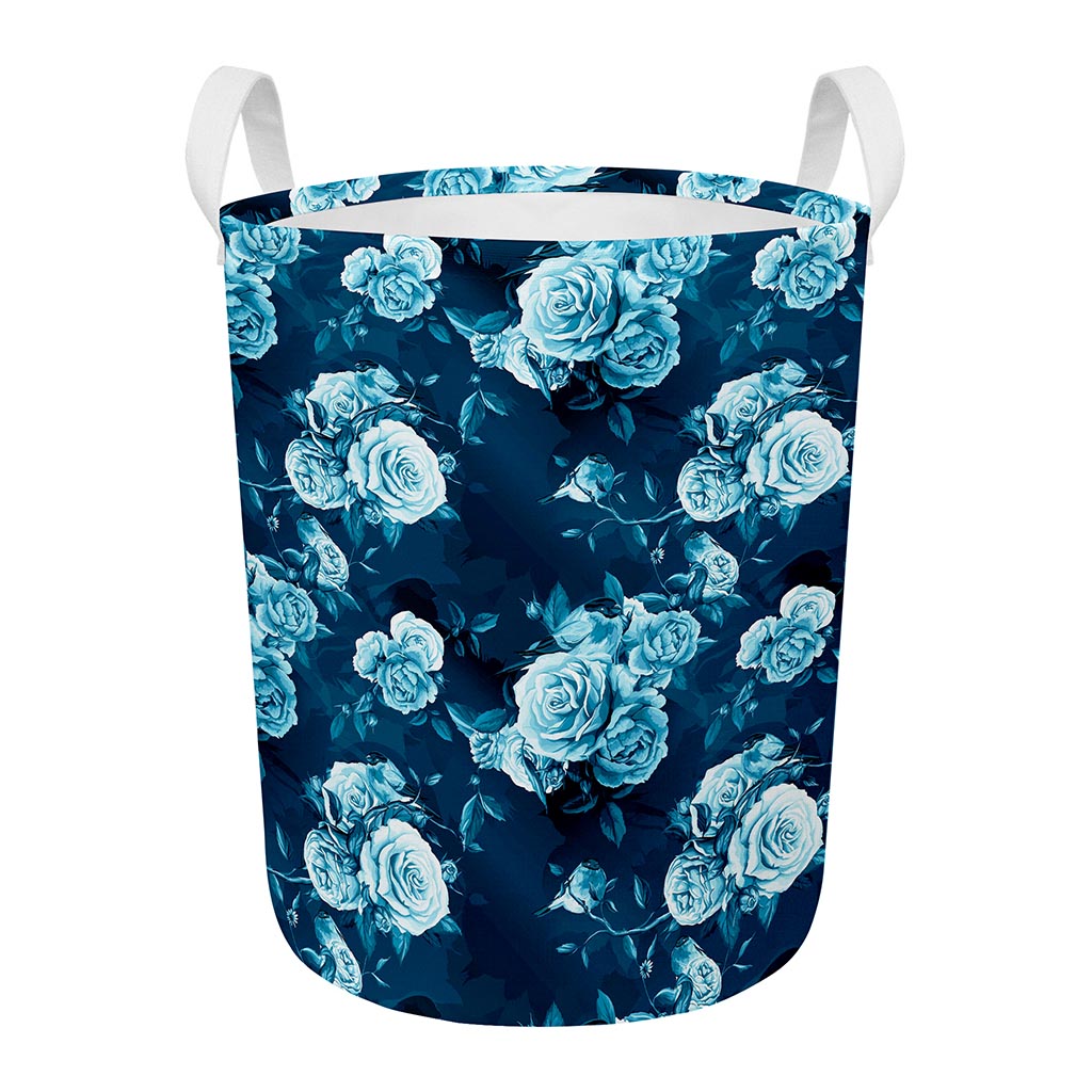 Blue Rose Floral Flower Pattern Print Round Laundry Basket