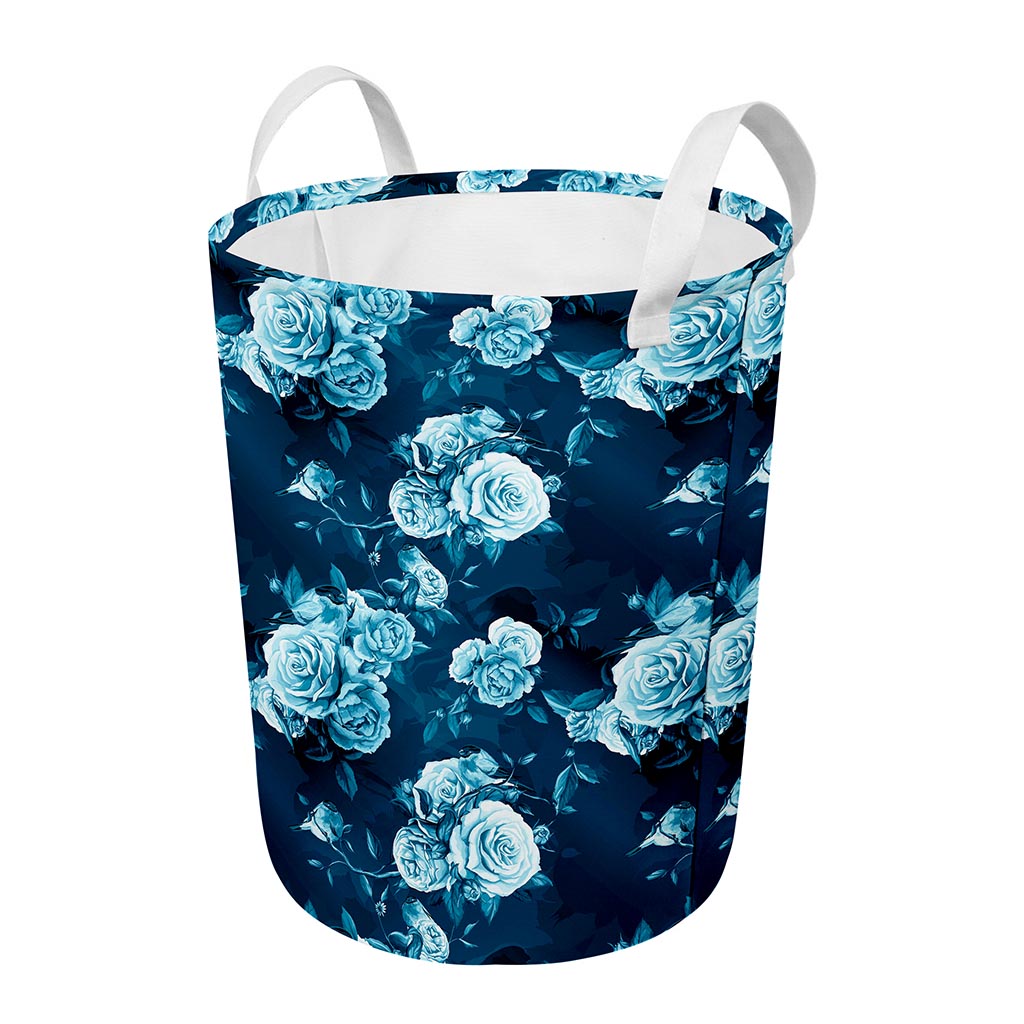 Blue Rose Floral Flower Pattern Print Round Laundry Basket