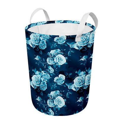 Blue Rose Floral Flower Pattern Print Round Laundry Basket