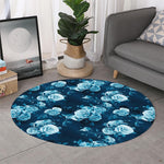 Blue Rose Floral Flower Pattern Print Round Rug