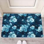 Blue Rose Floral Flower Pattern Print Rubber Doormat