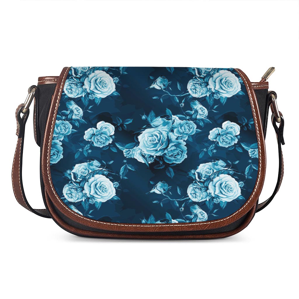 Blue Rose Floral Flower Pattern Print Saddle Bag