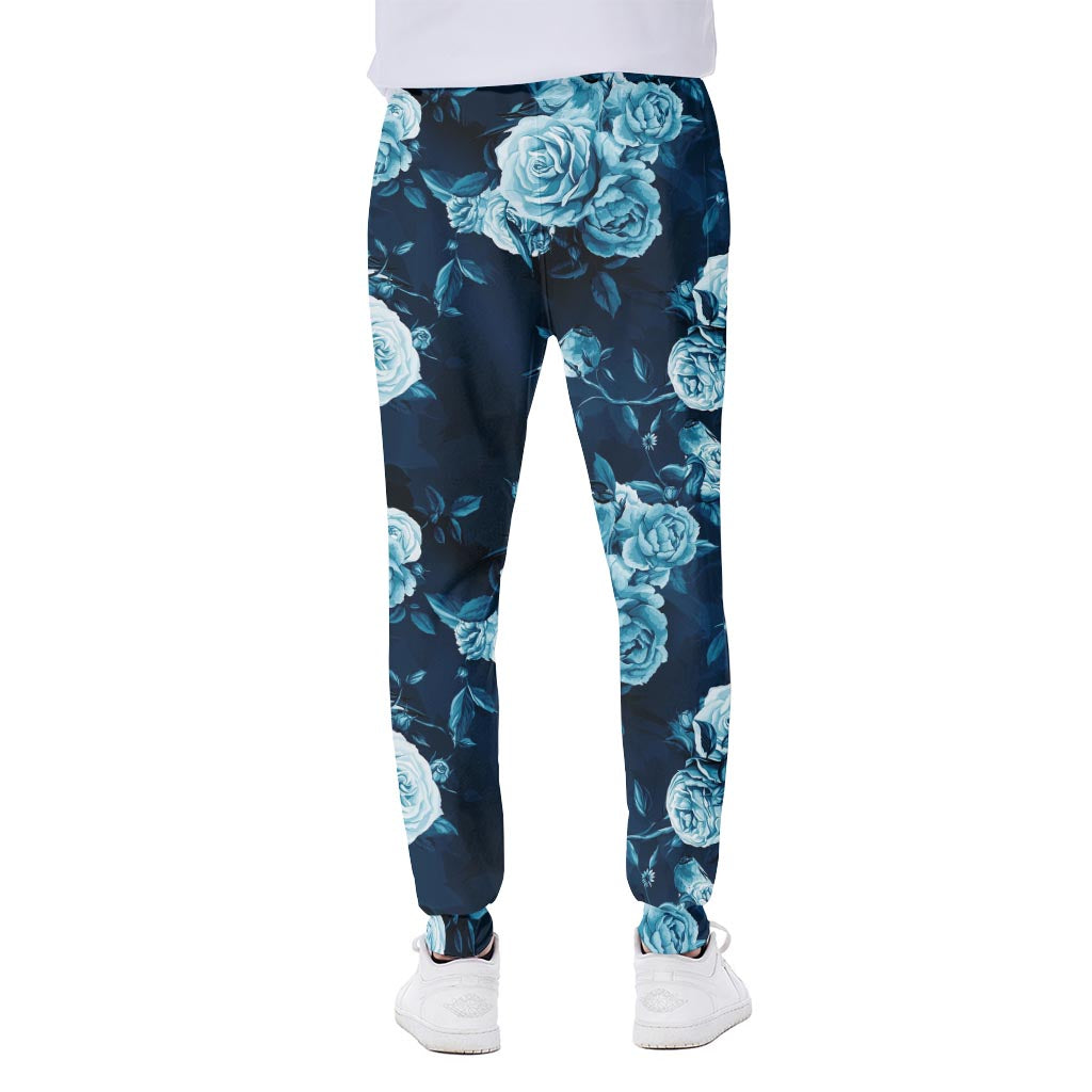 Blue Rose Floral Flower Pattern Print Scuba Joggers