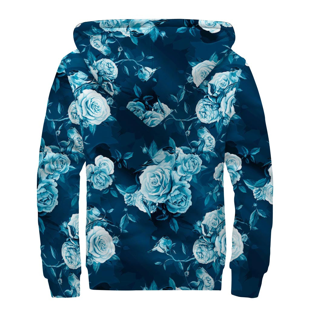 Blue Rose Floral Flower Pattern Print Sherpa Lined Zip Up Hoodie