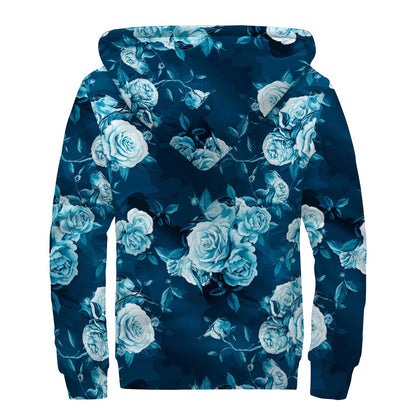 Blue Rose Floral Flower Pattern Print Sherpa Lined Zip Up Hoodie