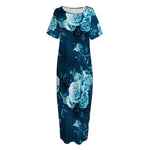Blue Rose Floral Flower Pattern Print Short Sleeve Long Nightdress