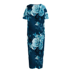 Blue Rose Floral Flower Pattern Print Short Sleeve Long Nightdress