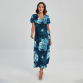 Blue Rose Floral Flower Pattern Print Short Sleeve Maxi Dress