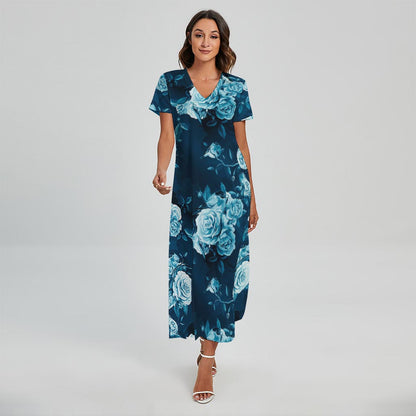 Blue Rose Floral Flower Pattern Print Short Sleeve Maxi Dress