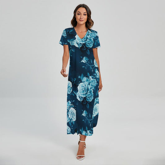 Blue Rose Floral Flower Pattern Print Short Sleeve Maxi Dress