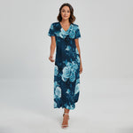 Blue Rose Floral Flower Pattern Print Short Sleeve Maxi Dress