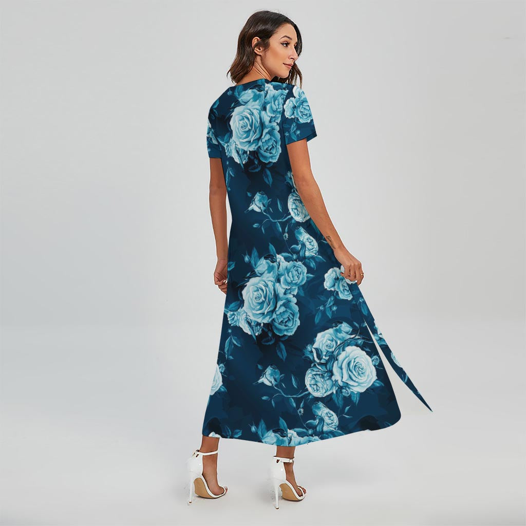 Blue Rose Floral Flower Pattern Print Short Sleeve Maxi Dress