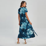 Blue Rose Floral Flower Pattern Print Short Sleeve Maxi Dress