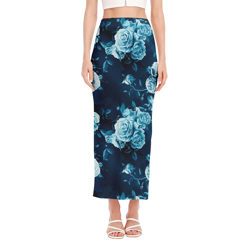 Blue Rose Floral Flower Pattern Print Side Slit Maxi Skirt