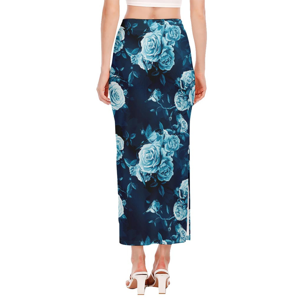 Blue Rose Floral Flower Pattern Print Side Slit Maxi Skirt