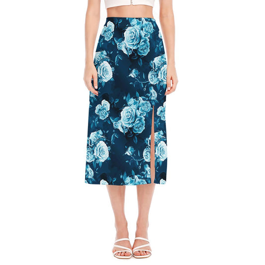 Blue Rose Floral Flower Pattern Print Side Slit Midi Skirt