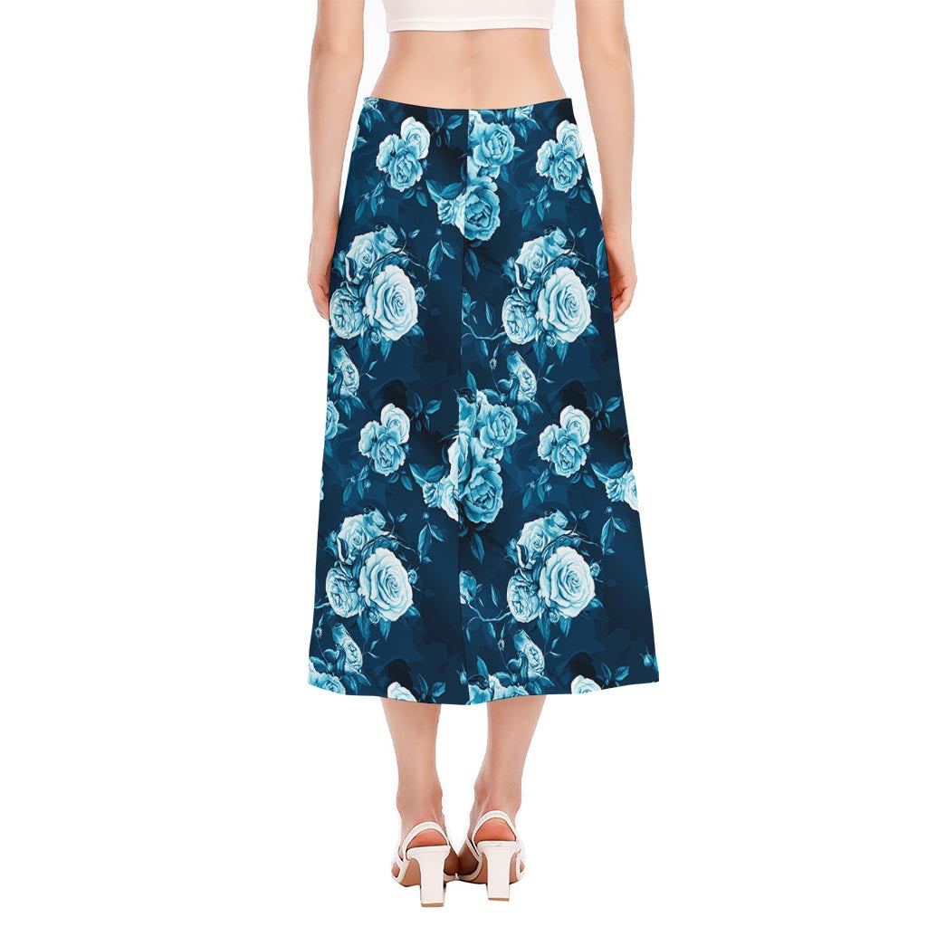 Blue Rose Floral Flower Pattern Print Side Slit Midi Skirt