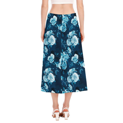 Blue Rose Floral Flower Pattern Print Side Slit Midi Skirt