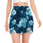 Blue Rose Floral Flower Pattern Print Side Slit Mini Skirt