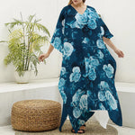 Blue Rose Floral Flower Pattern Print Silk V-Neck Kaftan Dress