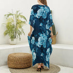 Blue Rose Floral Flower Pattern Print Silk V-Neck Kaftan Dress